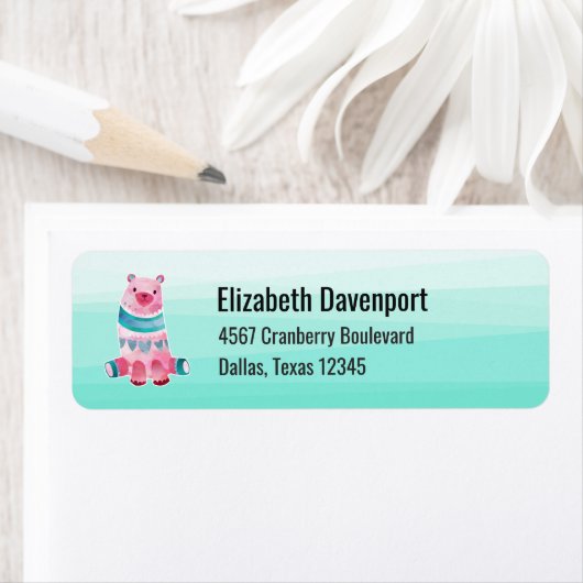 Étiquette Ours d'aquarelle mignon sur Aqua Green Ombre Backi (En situation)