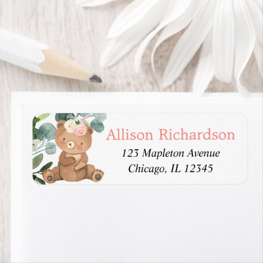 Étiquette Ours de Teddy floral blanc roux (En situation)