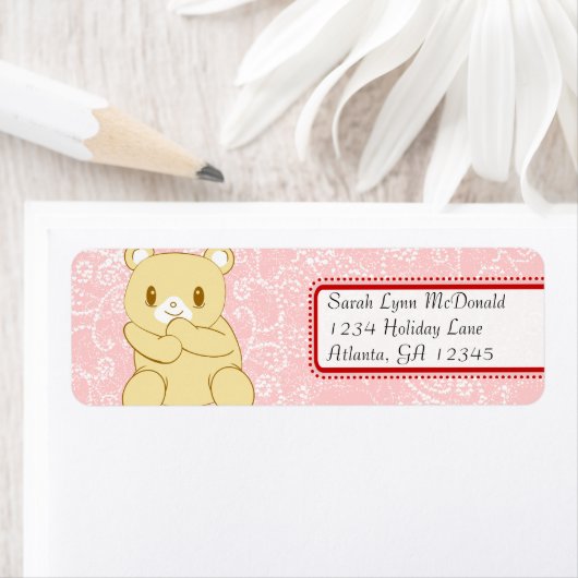 Étiquette Ours en peluche mignonne Pots et Coeurs roses roug (En situation)