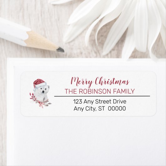Étiquette Ours polaire | Santa Hat Joyeux Noël Famille (En situation)