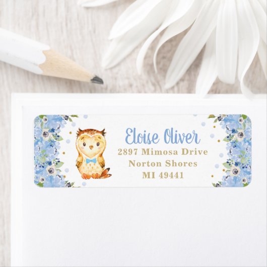 Étiquette Owl Blue Floral Baby shower Boy Anniversaire Adres (En situation)