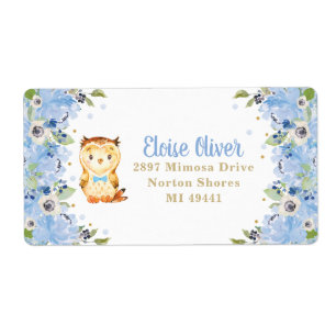 Étiquette Owl Blue Floral Baby shower Boy Anniversaire Adres