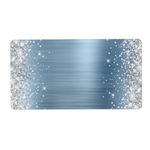 Étiquette Paillettes Argentées Bleu Clair Feuille