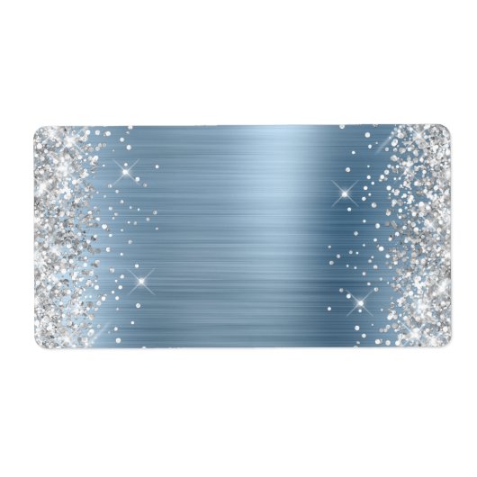 Étiquette Paillettes Argentées Bleu Clair Feuille (Devant)