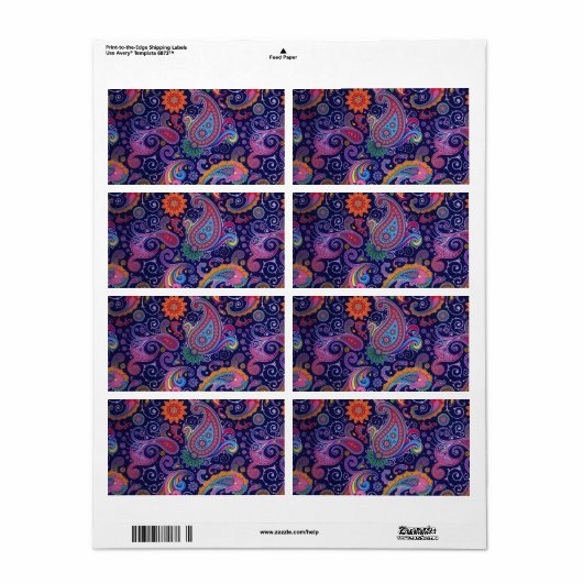 Étiquette Paisley violet rose (Feuille entière)