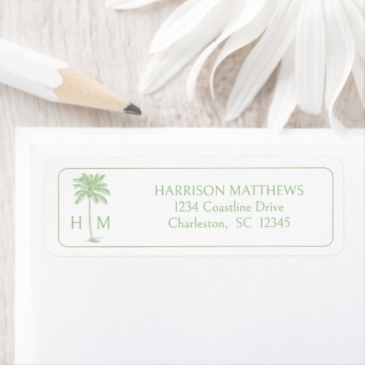 Étiquette Palmetto Palm Monogramme Côtière Verte (En situation)