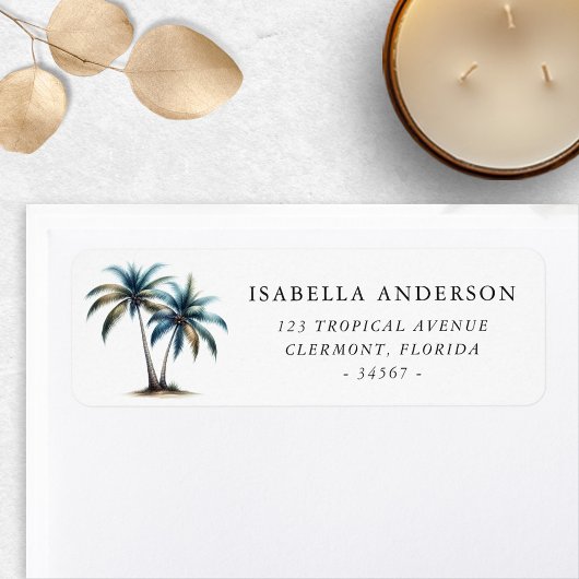 Étiquette Palmiers en Aquarelle Bleue Vert Adresse de retour