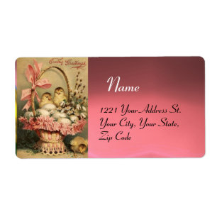 ÉTIQUETTE PANIER ÉLÉGANT, POULET, FLEURS ET OEUFS DE PÂQUES