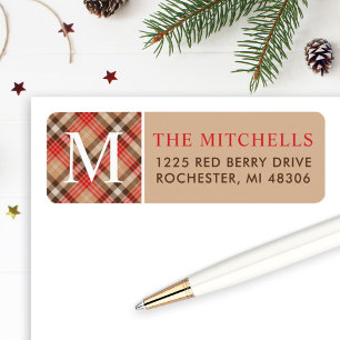 Étiquette Papier à lettre Monogramme de Noël Tan Tartan Plai