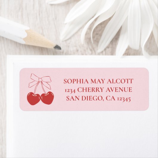 Étiquette Papier à lettres Coquette Rose et Rouge avec Ruban (En situation)