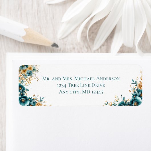 Étiquette Papier à lettres floral aquarelle or sarcelle Adre (En situation)
