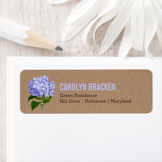Étiquette Papier Rustique Kraft bleu Hydrangée Mariage Flora (En situation)