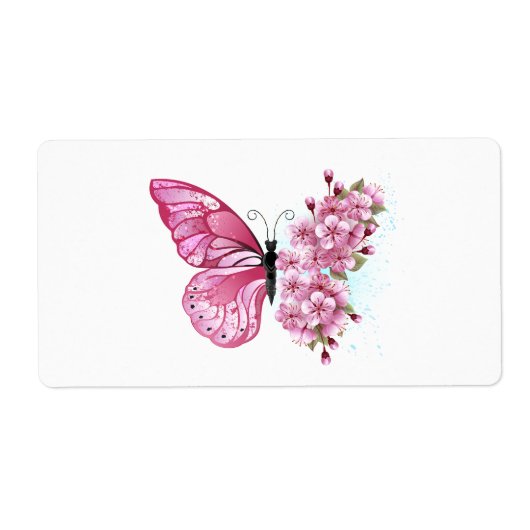 Étiquette Papillon à fleurs avec Sakura rose (Devant)