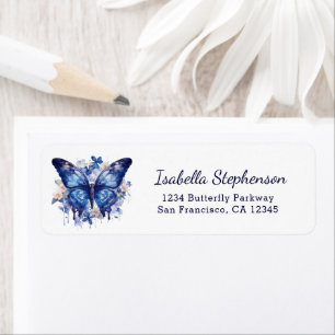 Étiquette Papillon aquarelle bleu élégant Adresse de retour