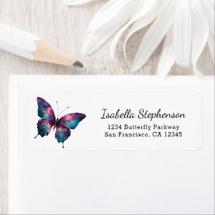 Étiquette Papillon aquarelle turquoise violet Adresse de ret