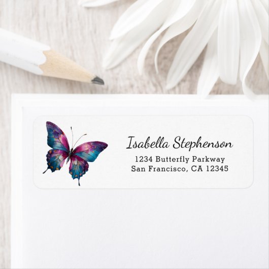 Étiquette Papillon aquarelle turquoise violet Adresse de ret (En situation)