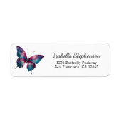 Étiquette Papillon aquarelle turquoise violet Adresse de ret (Devant)