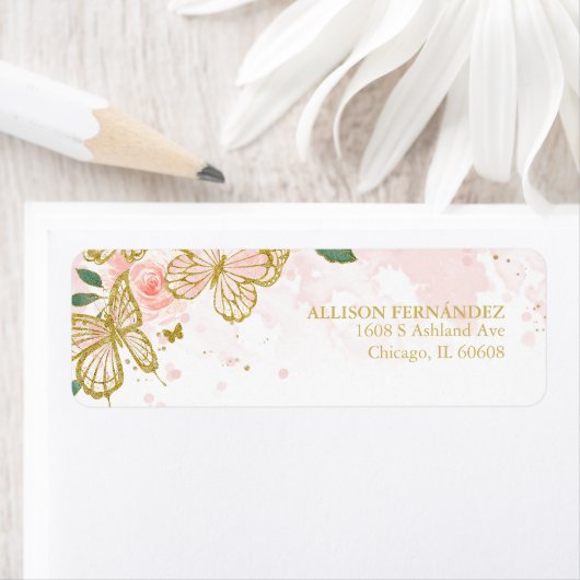 Étiquette Papillon rose pâle Quinceanera Floral (En situation)