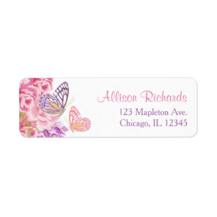 Étiquette Papillon rose violet à fleurs dorées