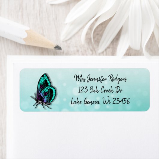 Étiquette Papillon turquoise et bleu (En situation)