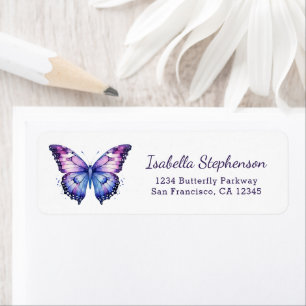 Étiquette Papillon Violet Aquarelle Adresse de Retour