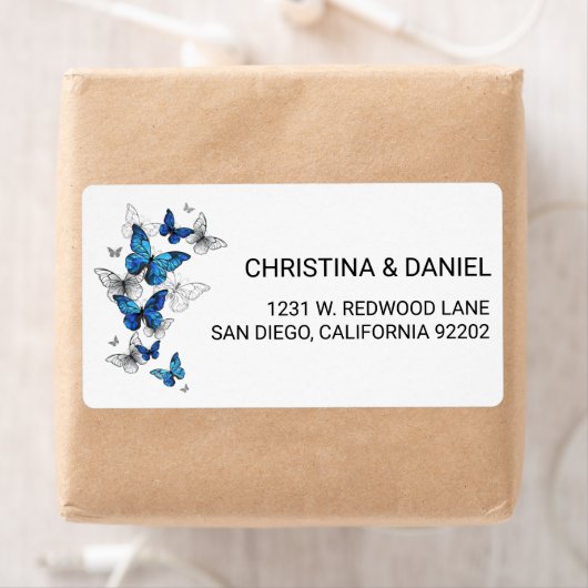Étiquette Papillons volants bleus Morpho (En situation)