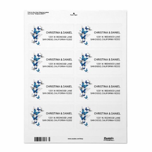 Étiquette Papillons volants bleus Morpho (Feuille entière)