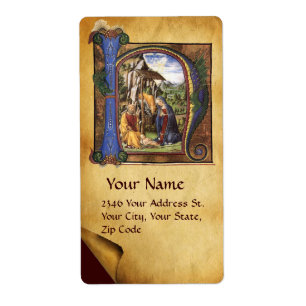 ÉTIQUETTE PARCHEMIN DE NOËL DE MONOGRAMME DE NATIVITÉ