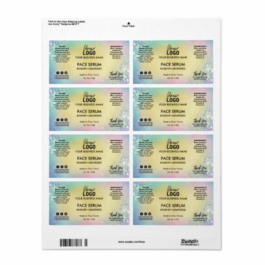 Étiquette Parties scintillant arc-en-ciel Pastel Face Serum (Feuille entière)