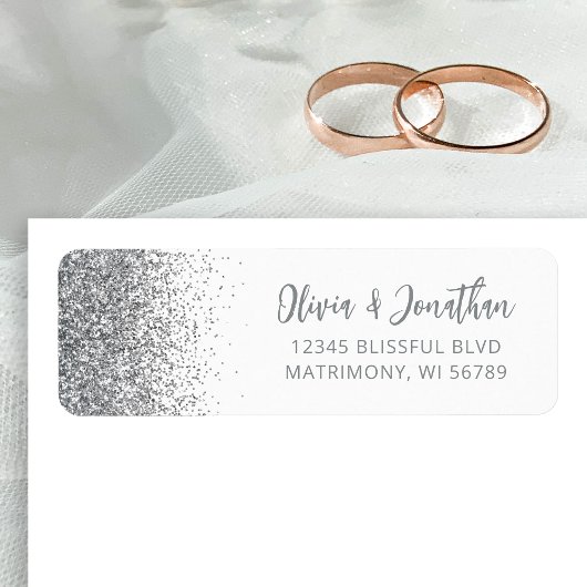 Étiquette Parties scintillant Argent Script Mariage blanc Ad