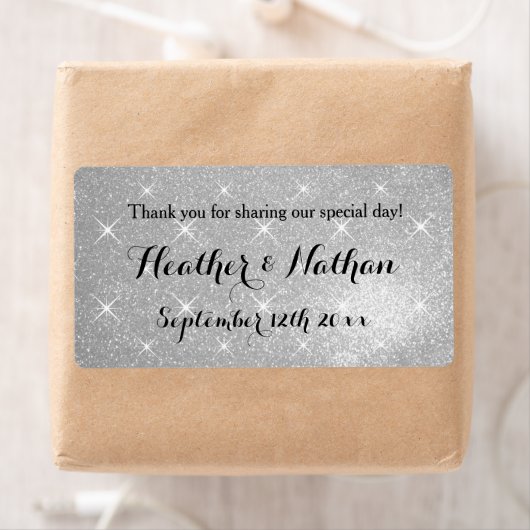 Étiquette Parties scintillant d'argent vin mariage ou boutei (En situation)