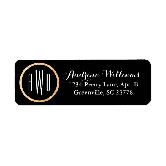 Étiquette Parties scintillant d'or Monogramme Noir (Devant)