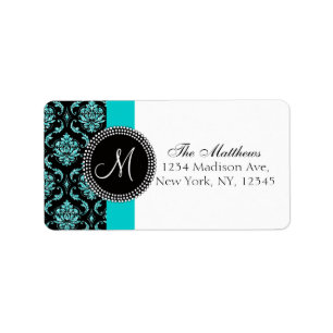 Étiquette Parties scintillant Turquoise Damas Noir Monogramm
