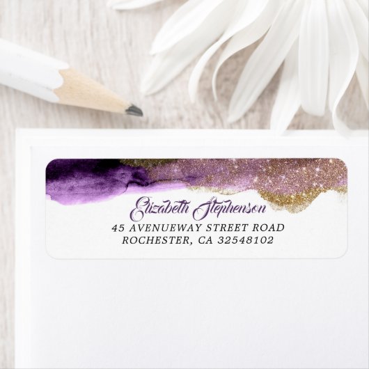 Étiquette Parties scintillant violet foncé et or Mariage mod (En situation)