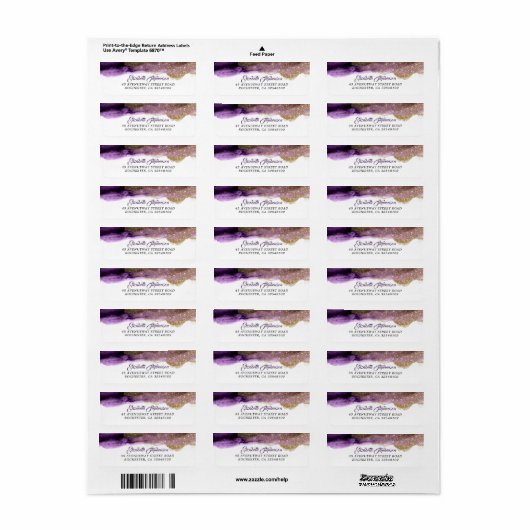 Étiquette Parties scintillant violet foncé et or Mariage mod (Feuille entière)