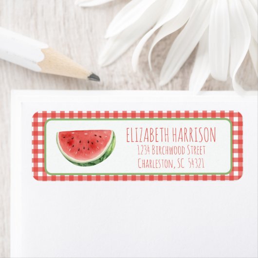 Étiquette Pastèque d'été et carreaux Gingham rouge (En situation)