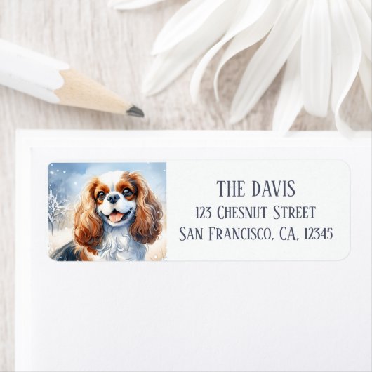 Étiquette Paysage froid Aquarelle Cavalier King Charles (En situation)