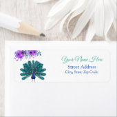 Étiquette Peacock vert et bleu | Fleurs d'aquarelle violette (En situation)