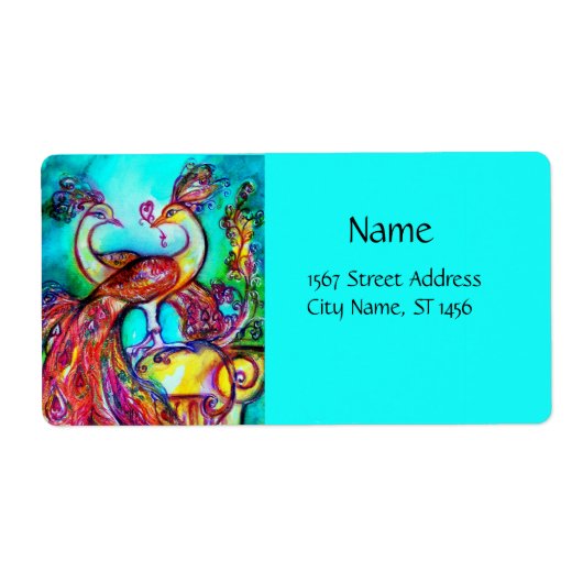 Étiquette PEACOCKS EN AMOUR, bleu rouge turquase vert (Devant)