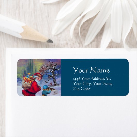 Étiquette PÈRE NOËL AVEC JOUETS ET ENFANT EN Bleu NEIGE HIVE (En situation)