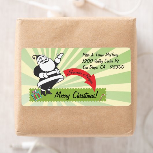 Étiquette Père Noël rétro avec soleil vert (En situation)