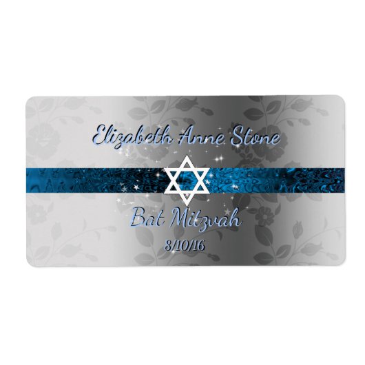 Étiquette Personnalisé, Bat mitzvah, Bleu & Argent, Bouteill (Devant)