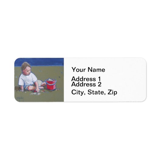 Étiquette Petit garçon avec Sandcastle et Beach Bucket (Devant)