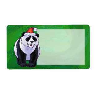 Étiquette Petit panda en costume de Père Noël sur fond vert