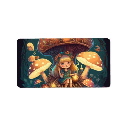 Étiquette Petite elve de fille parmi les champignons (Devant)