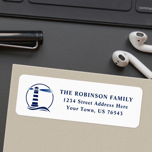 Étiquette Phare Nautique Ocean Waves Blue White Adresse