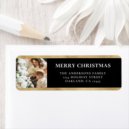 Étiquette Photo de Noël Elegant Noir & Faux Or (En situation)