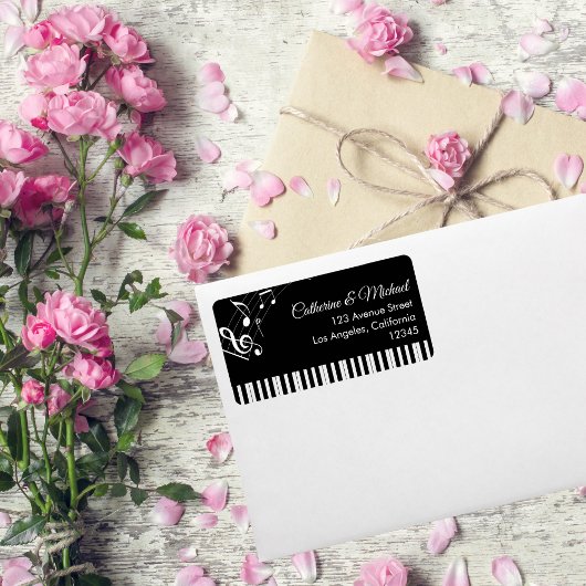 Étiquette Piano Keys Notes musicales Mariage noir et blanc