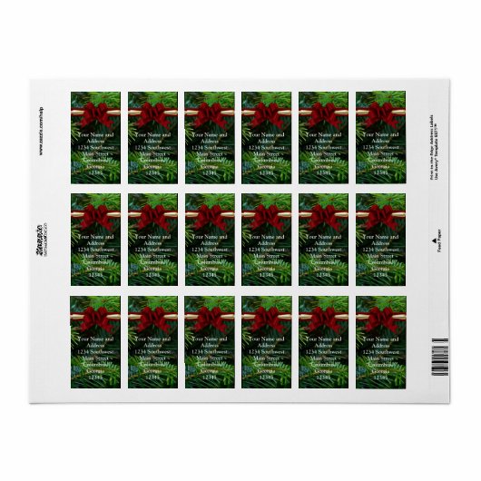 Étiquette Pin/Gold/Red Bow Noël (Feuille entière)