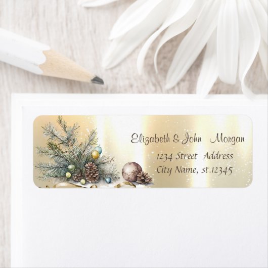 Étiquette Pine Tree Branches Balls Pine cônes Noël (En situation)